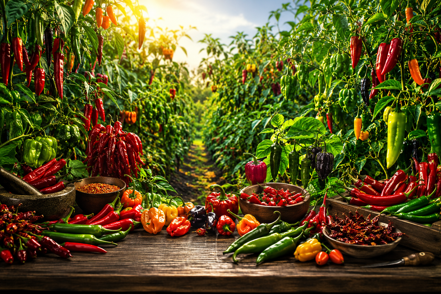 Chiliplantage med friskhøstede chilifrugter